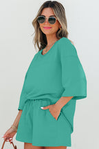 Meadow Mist Green Solid Loose V Neck Half Sleeve Tee and Shorts