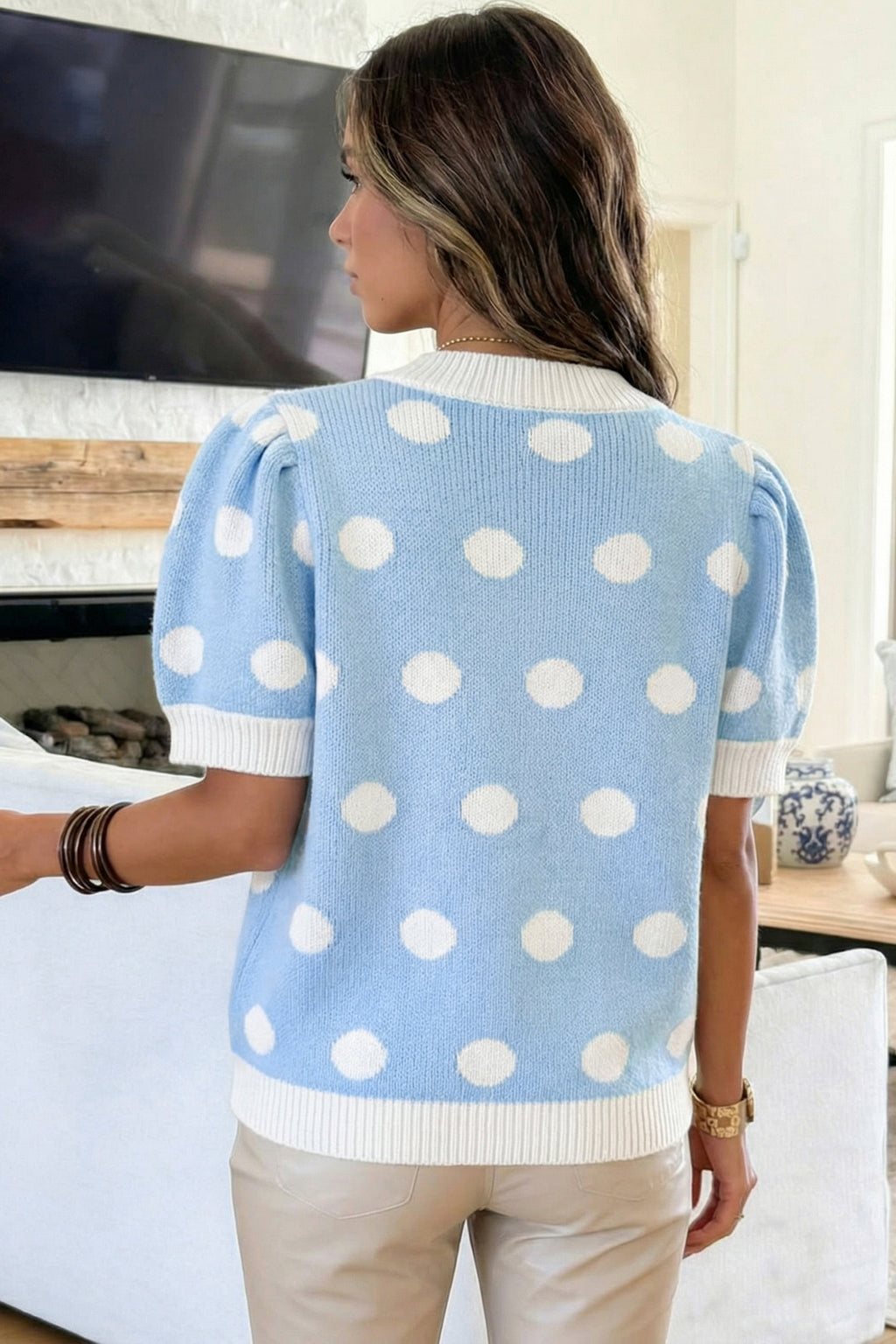 Rose Red Polka Dot Puff Short Sleeve Sweater Top