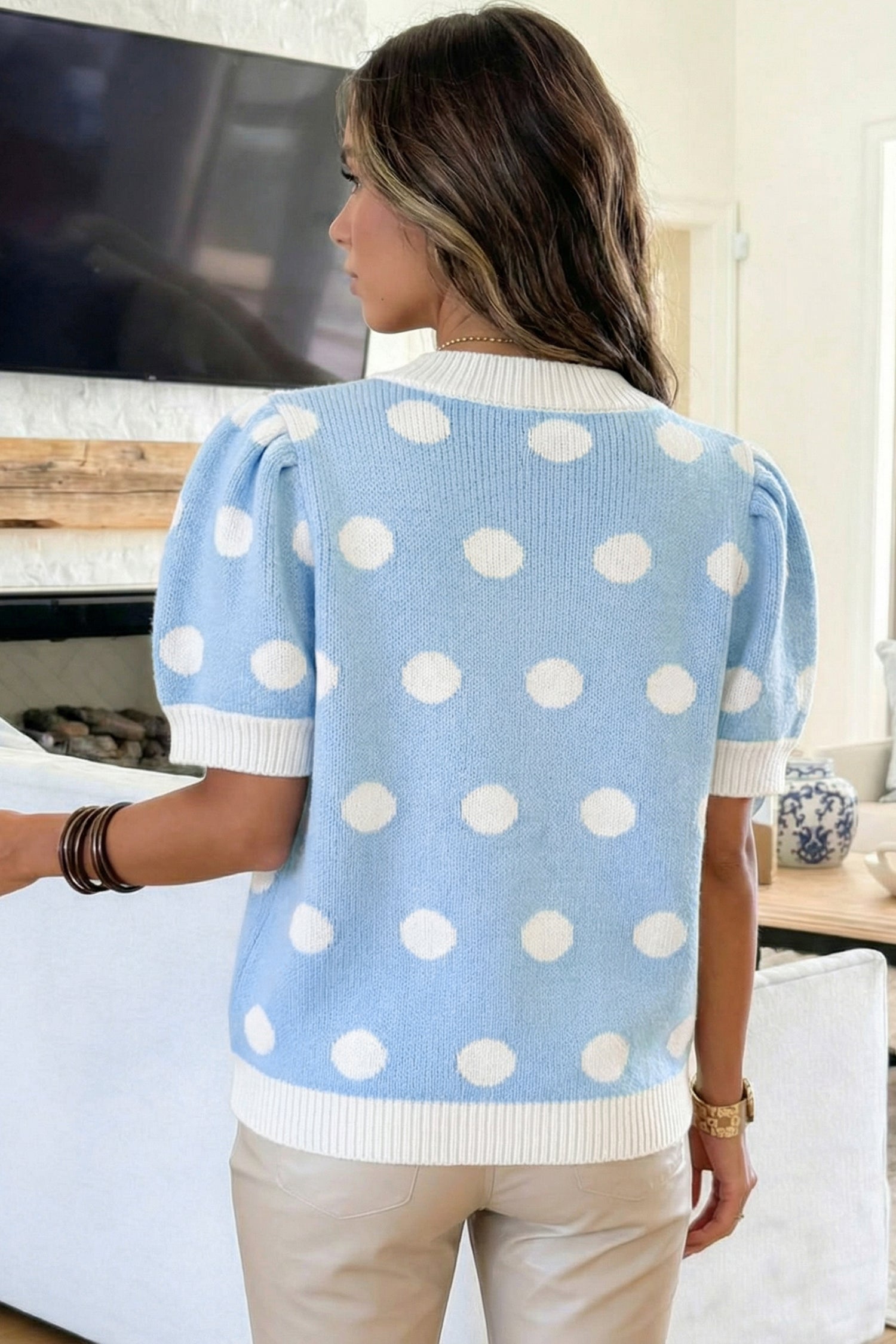 Rose Red Polka Dot Puff Short Sleeve Sweater Top