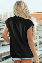 Black Solid Color High Neck Cap Sleeve Loose Top