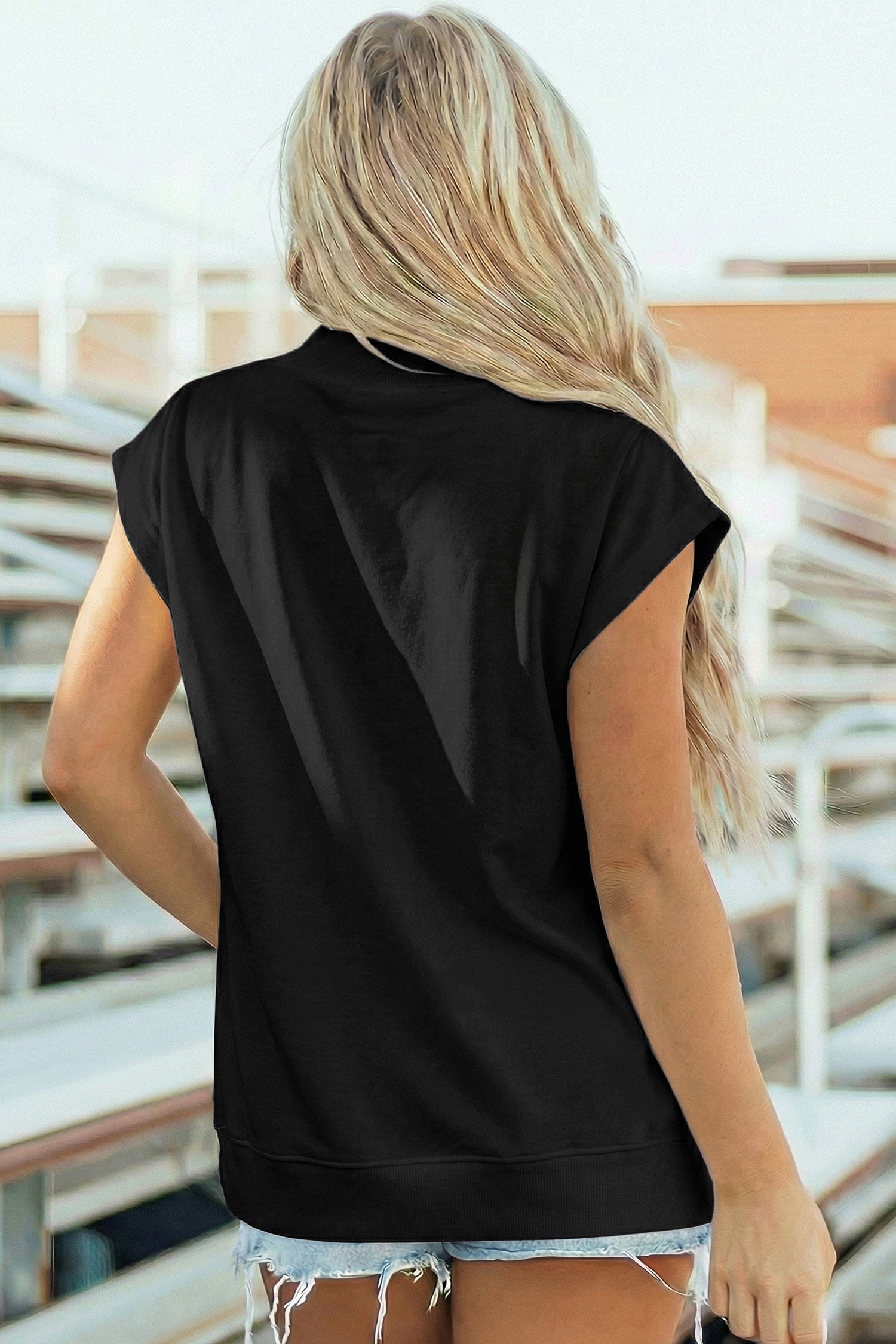 Black Solid Color High Neck Cap Sleeve Loose Top