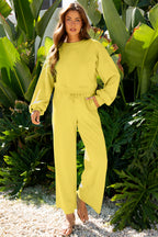 Drop Shoulder Puff Sleeve Crop Pullover Drawstring Wide Leg Pants Set