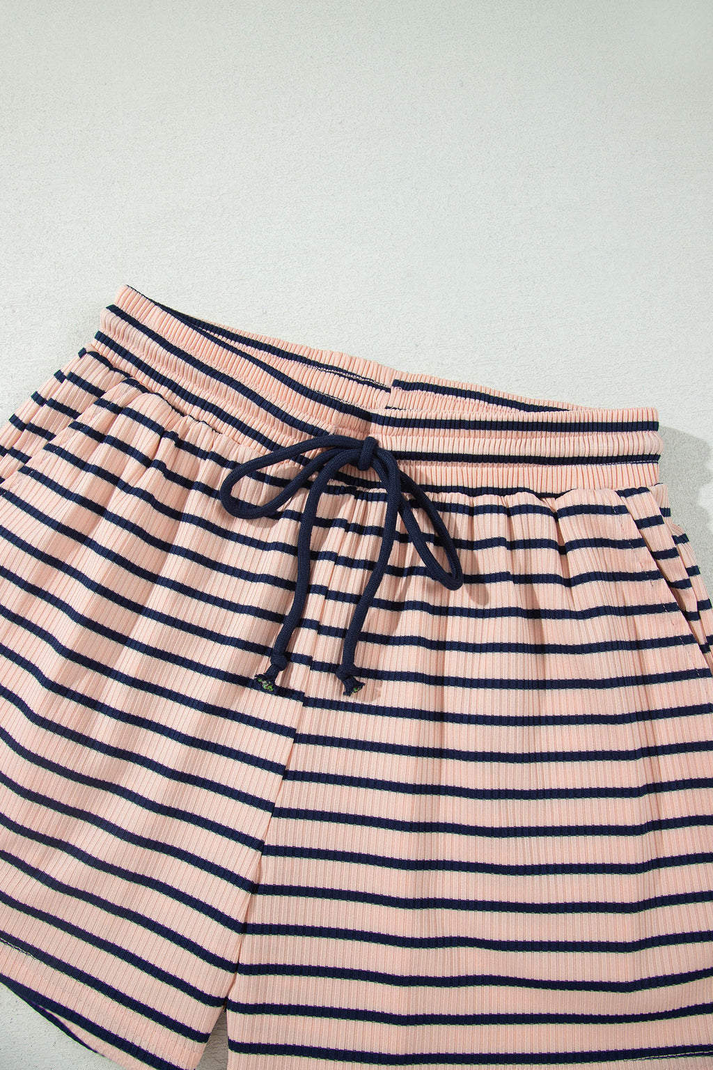 Blue Stripe Color Block Long Sleeve Pullover Ribbed Knit Casual Shorts Set