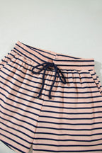 Blue Stripe Color Block Long Sleeve Pullover Ribbed Knit Casual Shorts Set