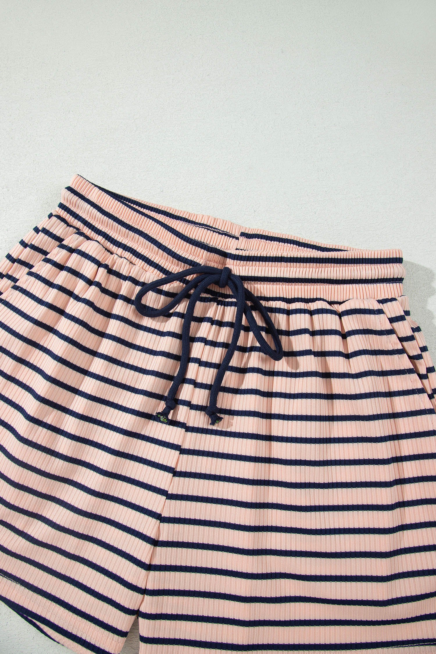Blue Stripe Color Block Long Sleeve Pullover Ribbed Knit Casual Shorts Set
