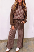 Green Color Block Plaid Patchwork Long Sleeve Pullover Wide Leg Pant Set