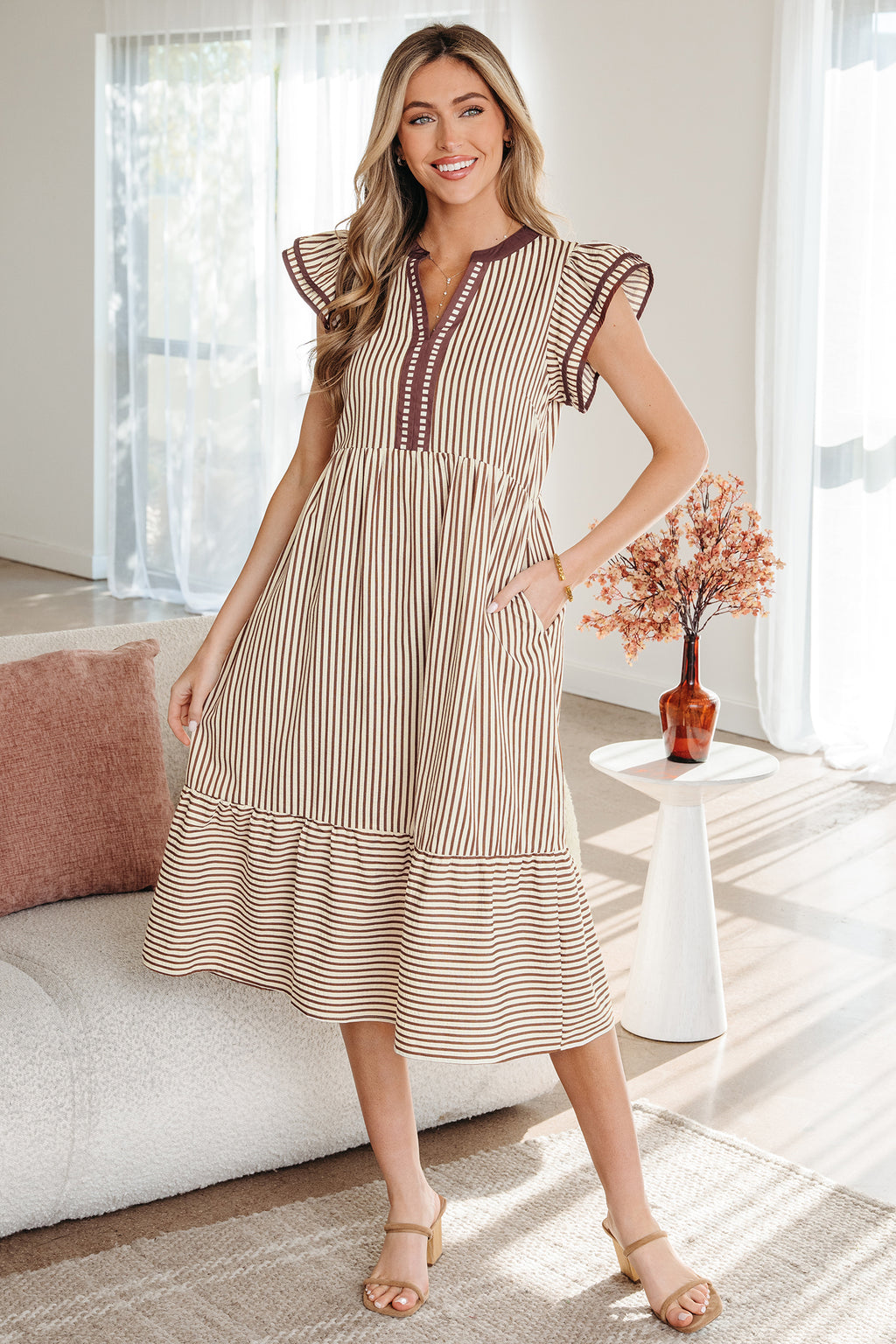 Green Stripe Double Ruffled Short Sleeve Contrast Trim V Neck Midi Dress