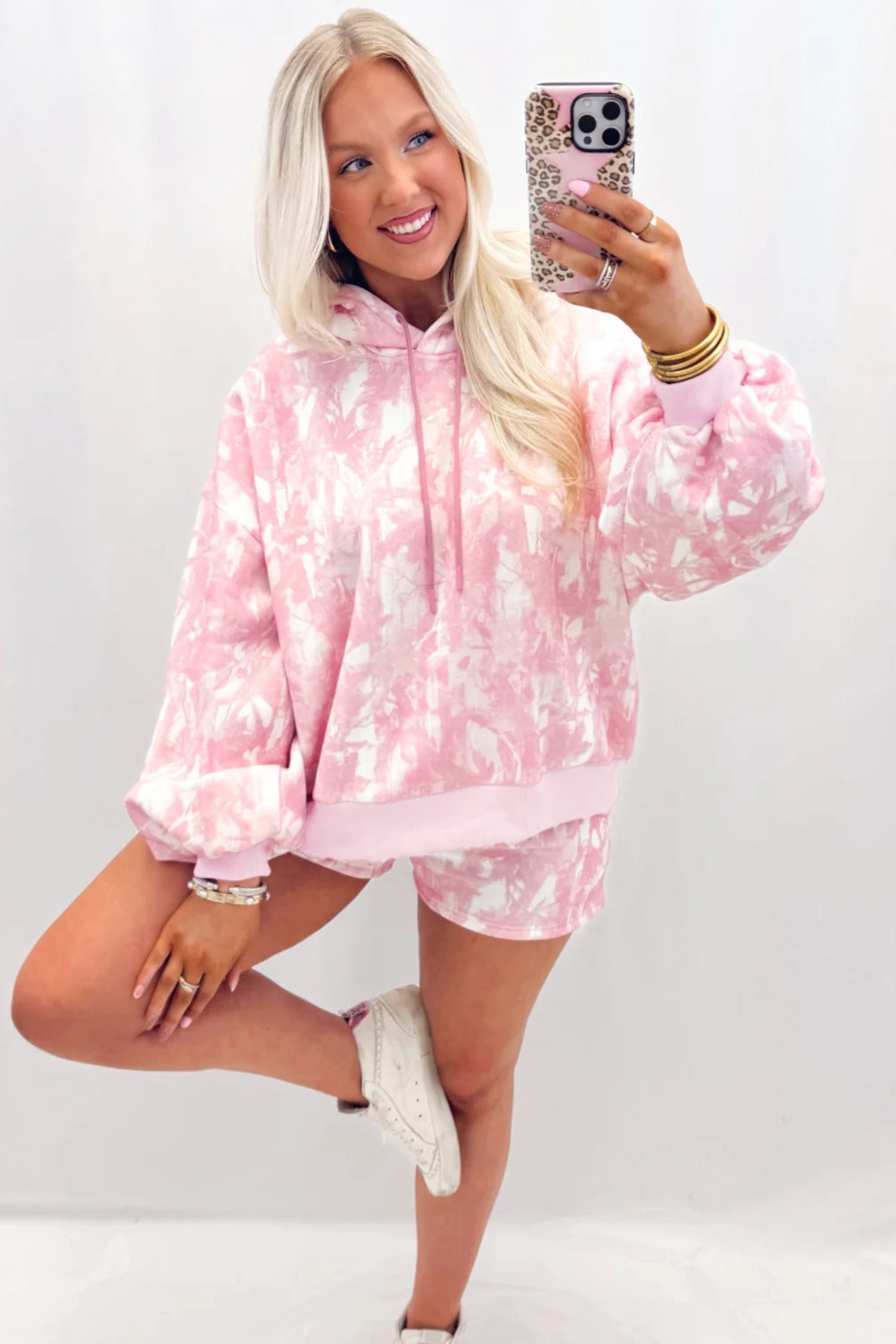 Pink Abstract Print Loose Hoodie Slim Shorts 2pcs Set