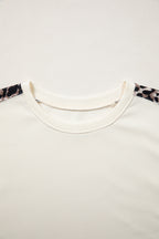 Beige Leopard Block Patchwork Uneven Hem Short Sleeve Top