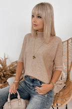 Beige Ribbed Trim High Neck Short Sleeve Casual Sweater