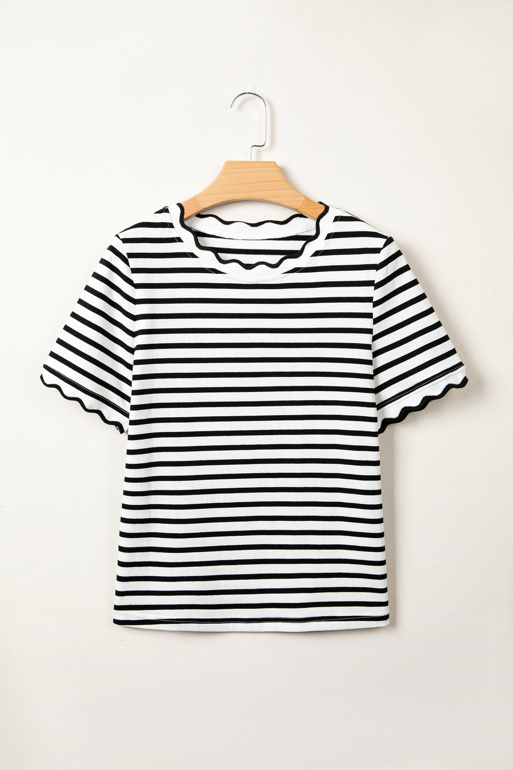 Black Stripe Scalloped Trim Round Neck T Shirt