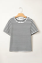 Black Stripe Scalloped Trim Round Neck T Shirt