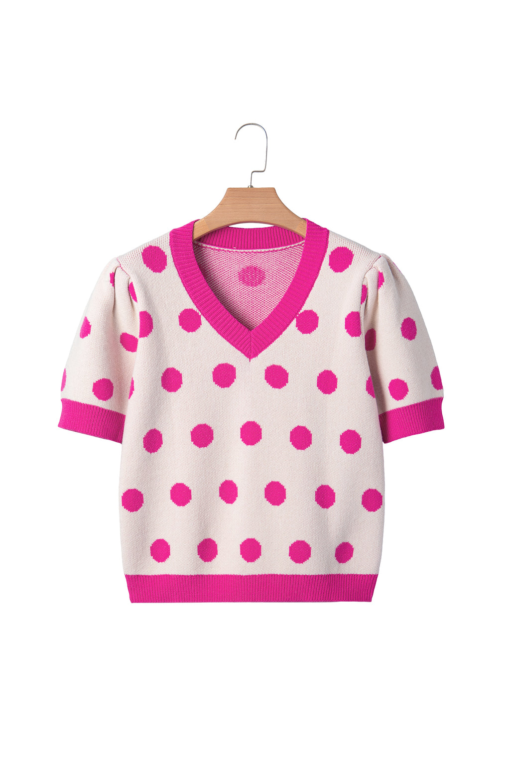 Rose Red Polka Dot Puff Short Sleeve Sweater Top