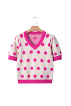 Rose Red Polka Dot Puff Short Sleeve Sweater Top