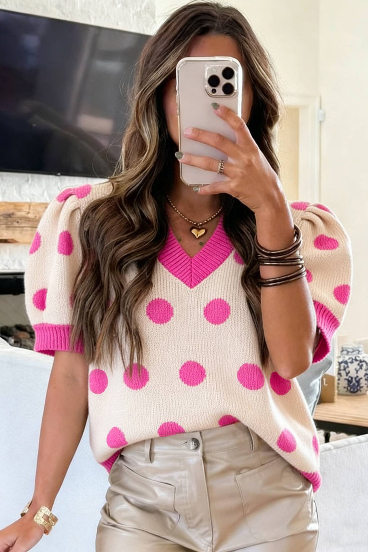 Rose Red Polka Dot Puff Short Sleeve Sweater Top