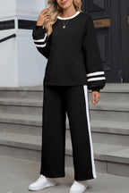 Varsity Stripe Patchwork Puff Sleeve Pullover Drawstring Wide Leg Pant Set