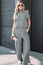 Burgundy Twisted Ribbed High Neck Loose Tee Elastic High Waist Loose Pant Set