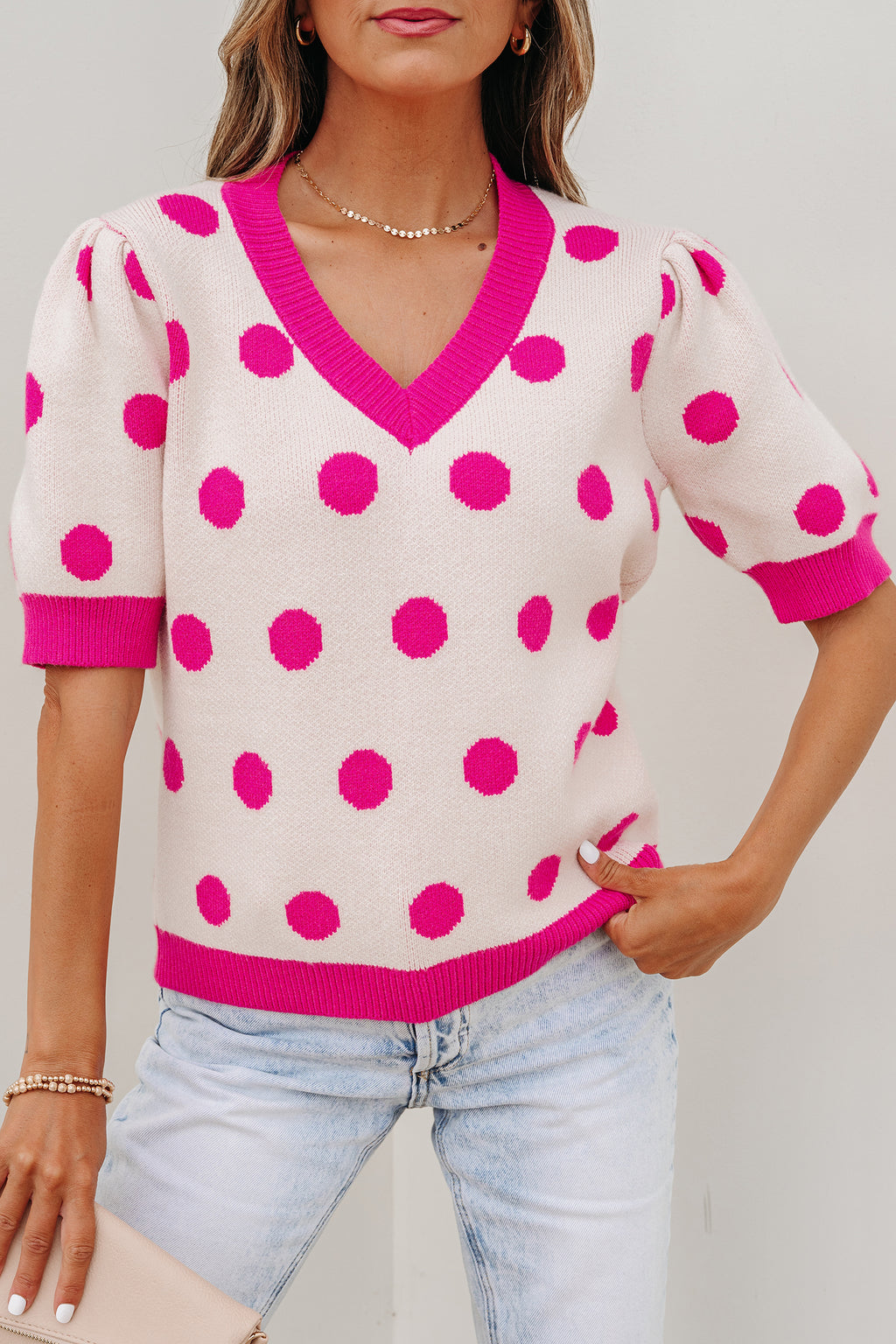 Rose Red Polka Dot Puff Short Sleeve Sweater Top