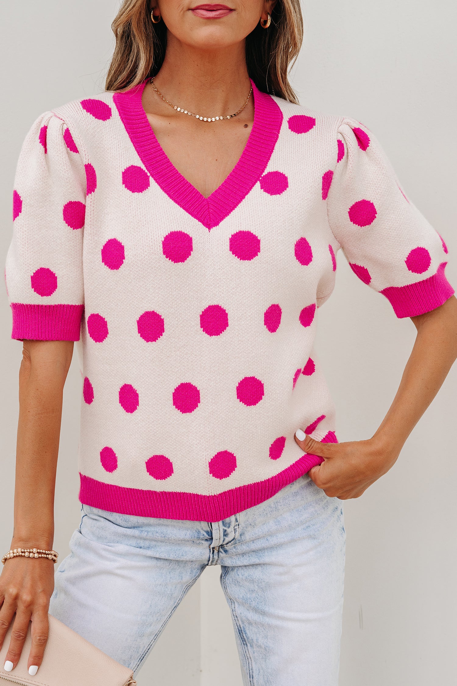Rose Red Polka Dot Puff Short Sleeve Sweater Top