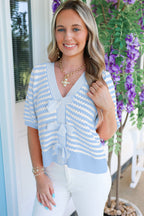 Green Stripe Short Sleeve Knit V Neck Bow Knot Sweater