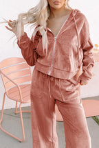 Velvet Zip-up Hoodie and Wide Leg Pants Set
