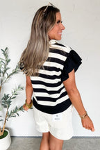 Black Stripe Collar V Neck Ruffled Short Sleeve Blouse
