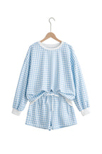 Sky Blue Plaid Baggy Pullover Drawstring Casual Shorts 2pcs Outfit