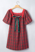 Red Plaid Square Collar Lace Trim Short Sleeve Shift Mini Dress