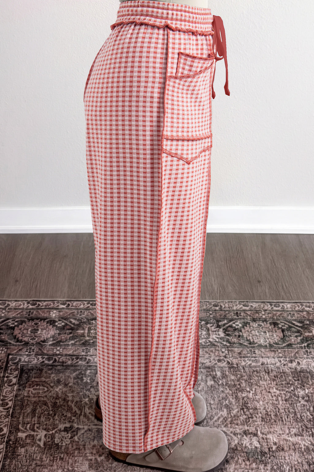 Plaid Contrast Trim Drawstring Elastic Waist Shift Pants