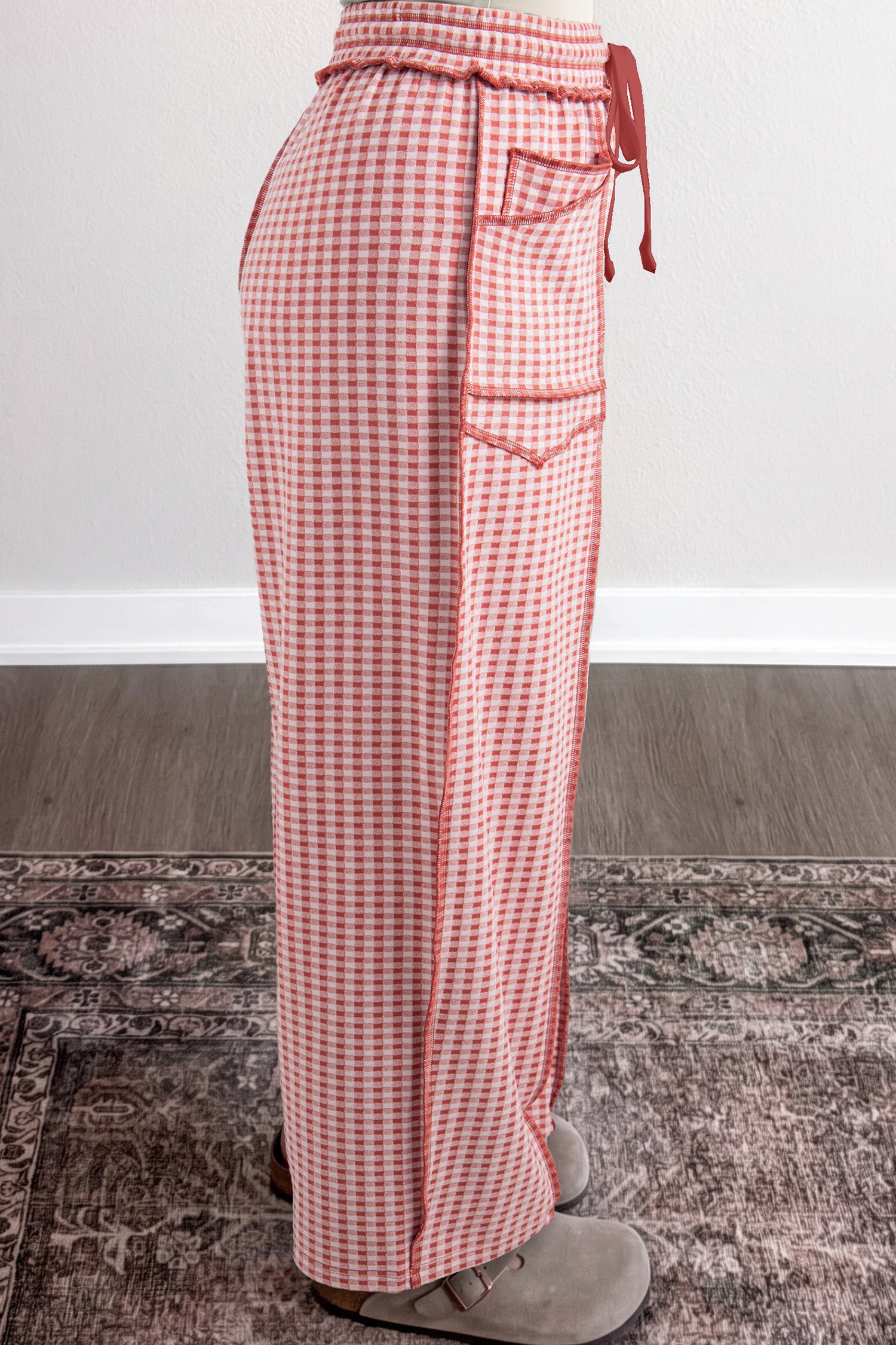 Plaid Contrast Trim Drawstring Elastic Waist Shift Pants