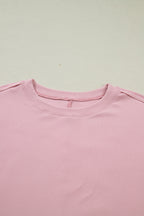 Light Pink Solid Color Bow Textured Patchwork Long Sleeve Tee