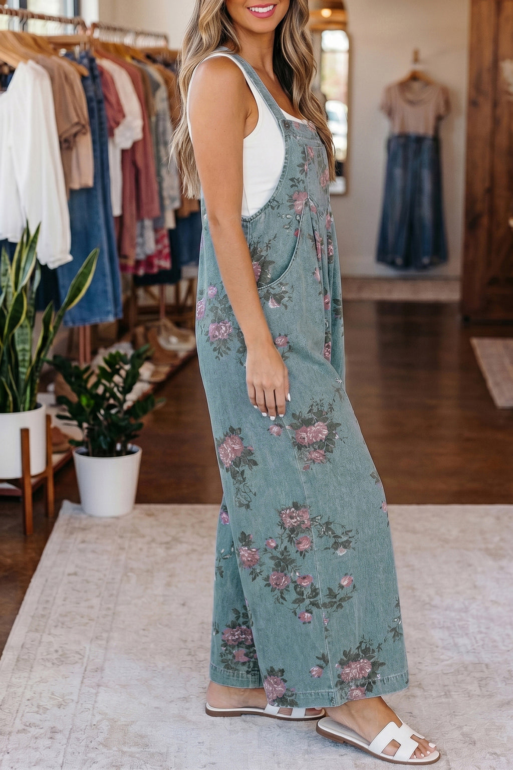 Beau Blue Floral Print Pleated High Waist Wide Leg Denim Jumpsuit