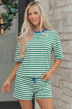 Rose Stripe Drop Shoulder Boxy Casual Terry Short Set