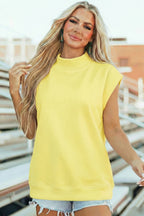 Black Solid Color High Neck Cap Sleeve Loose Top