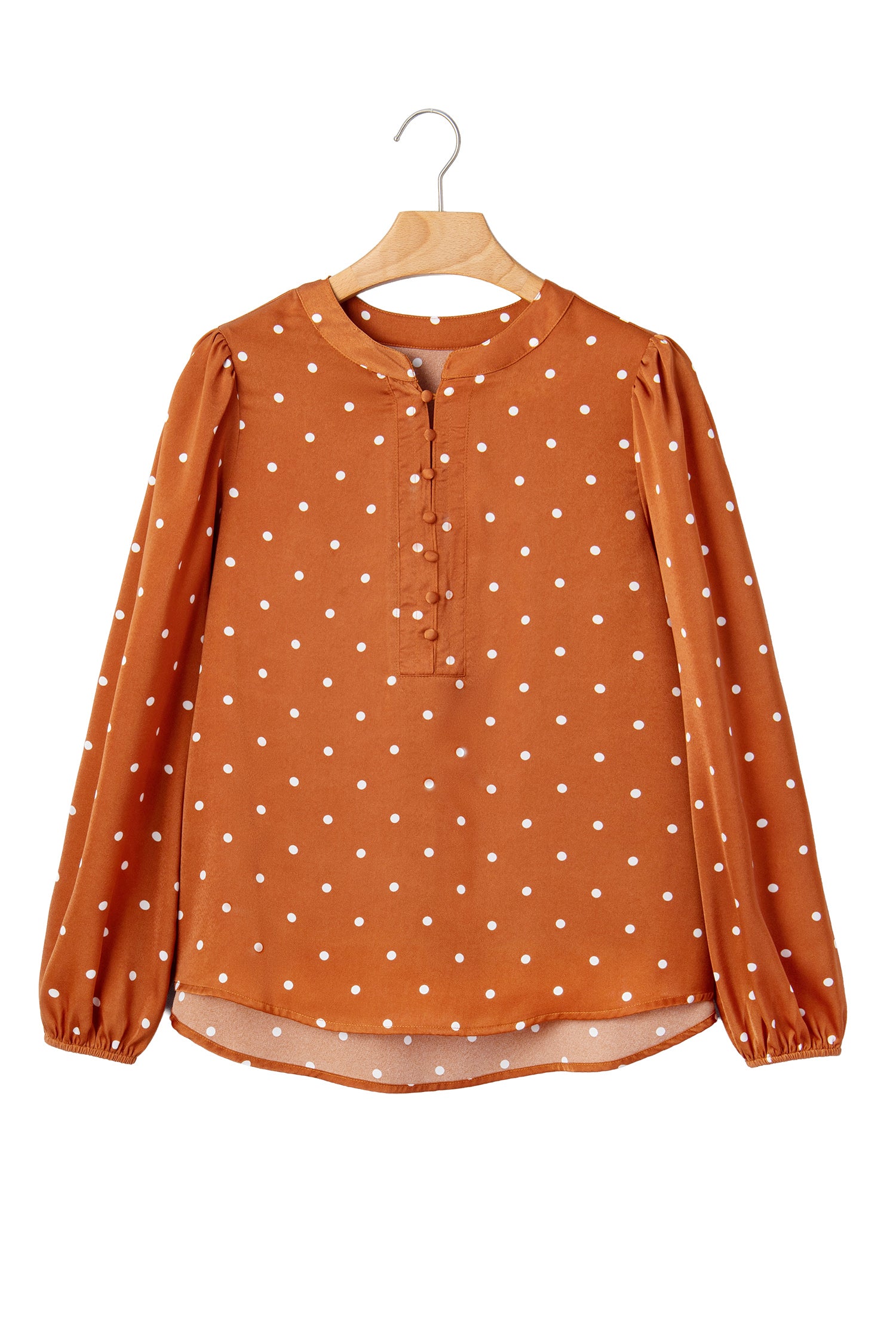 Brown Polka Dot Half Button V Neck Long Sleeve Blouse