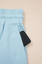 Mist Blue Solid Color Ribbed Trim Short Sleeve Top Drawstring Loose Pants 2pcs Outfit