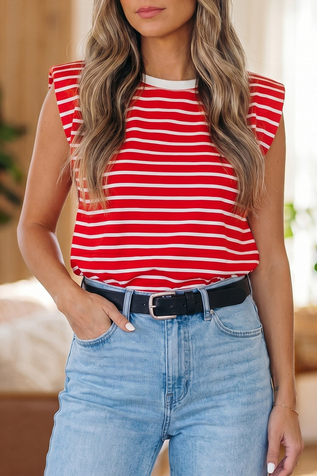 Brown Stripe Ribbed Round Neck Trim Loose Tank Top