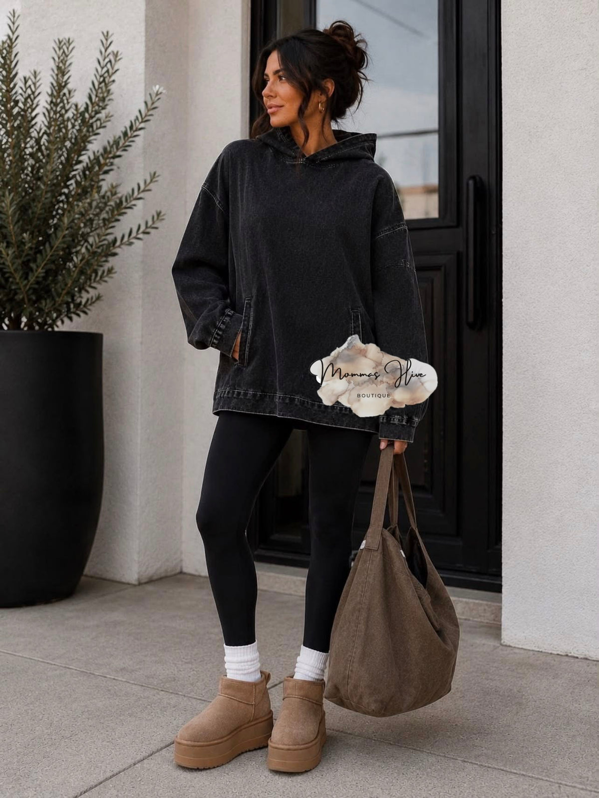 Comfort Co denim pullover in small mushroom color, showcasing a casual, stylish denim garment with a relaxed fit.