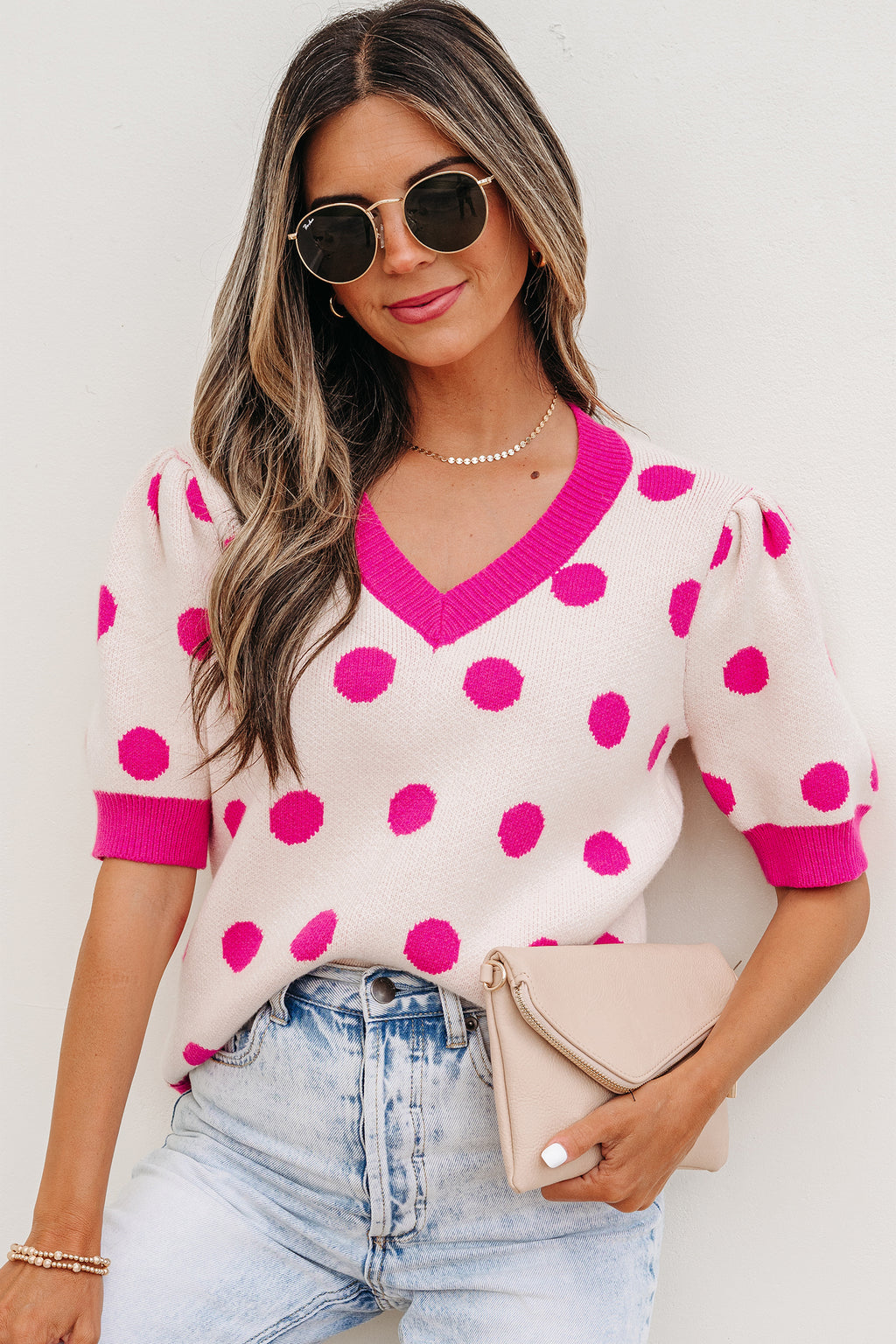 Rose Red Polka Dot Puff Short Sleeve Sweater Top