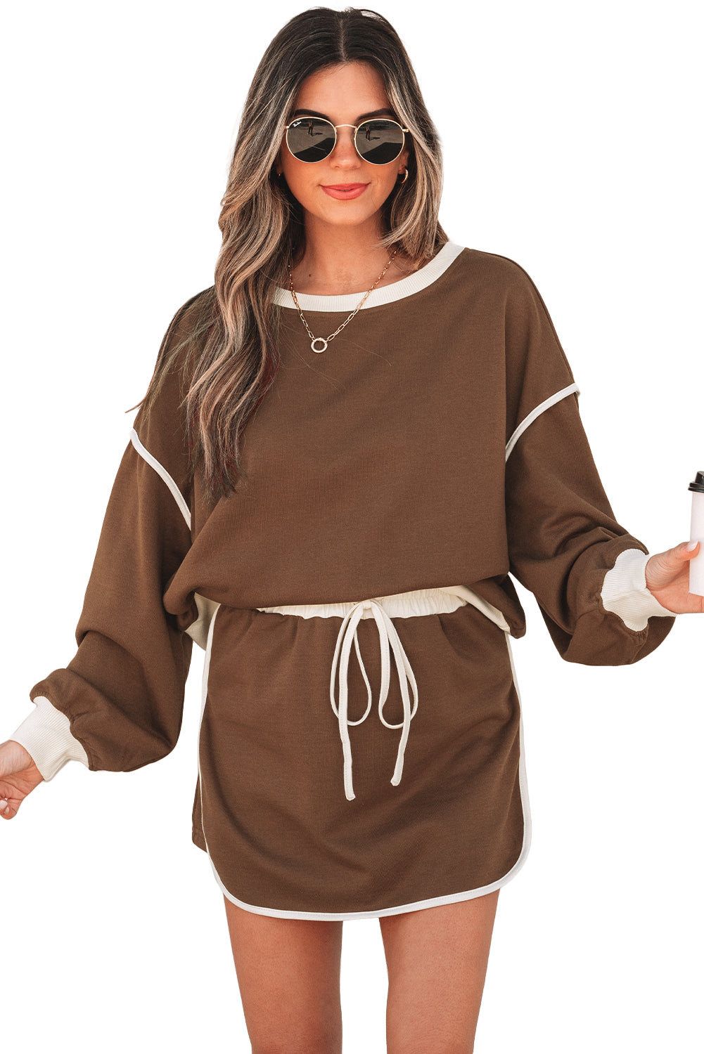 Rose Red Color Contrast Loose Pullover and Lace-up Waist Skort Set