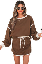 Rose Red Color Contrast Loose Pullover and Lace-up Waist Skort Set