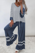 Blue stripe V-neck ruffle top with contrast sleeves and matching drawstring pants, stylish two-piece set from Dear-Lover.