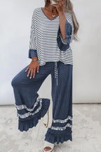 Blue stripe V-neck ruffle top with contrast sleeves and matching drawstring pants, stylish two-piece set from Dear-Lover.