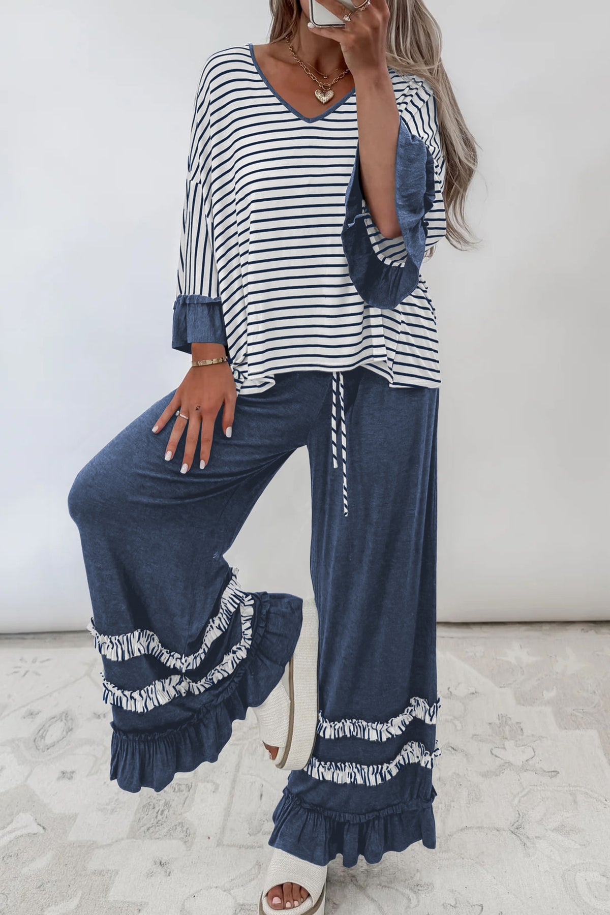 Blue stripe V-neck ruffle top with contrast sleeves and matching drawstring pants, stylish two-piece set from Dear-Lover.