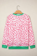 Pink Leopard Polka Dot Colorblock Trim Long Sleeve Top