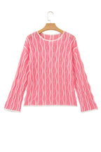 Pink Wavy Detail Hollow Out Knit Long Sleeve Cotton Pullover Sweater
