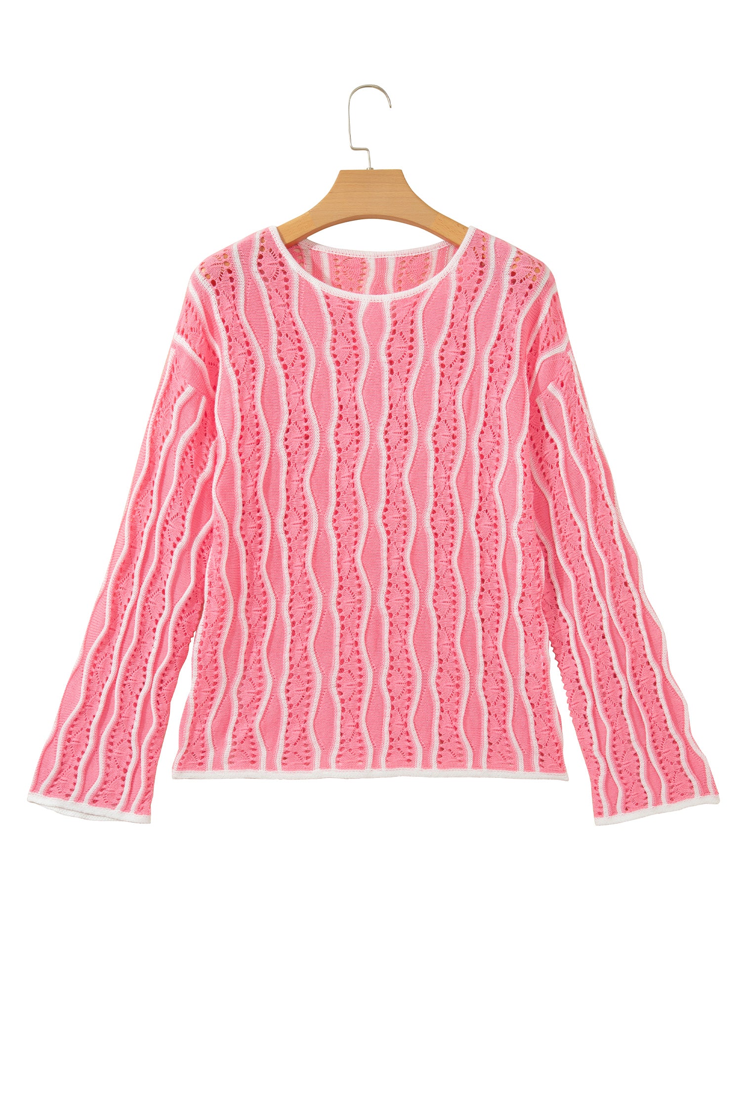 Pink Wavy Detail Hollow Out Knit Long Sleeve Cotton Pullover Sweater