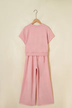Mist Blue Solid Color Loose Tee Drawstring Wide Leg Pants 2pcs Outfit