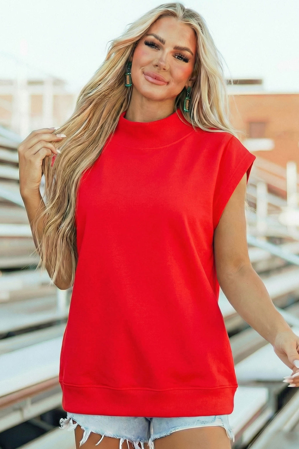 Black Solid Color High Neck Cap Sleeve Loose Top