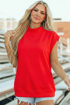 Black Solid Color High Neck Cap Sleeve Loose Top